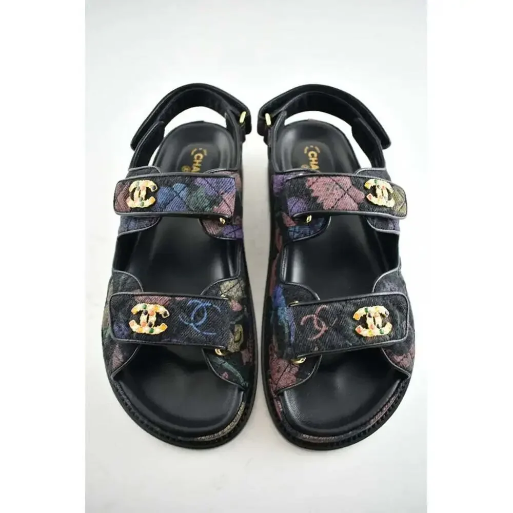 Chanel 21A Black Denim Graffiti CC Logo Mule Slide Strap Flat Teva Dad Sandal 39 - Picture 5 of 11